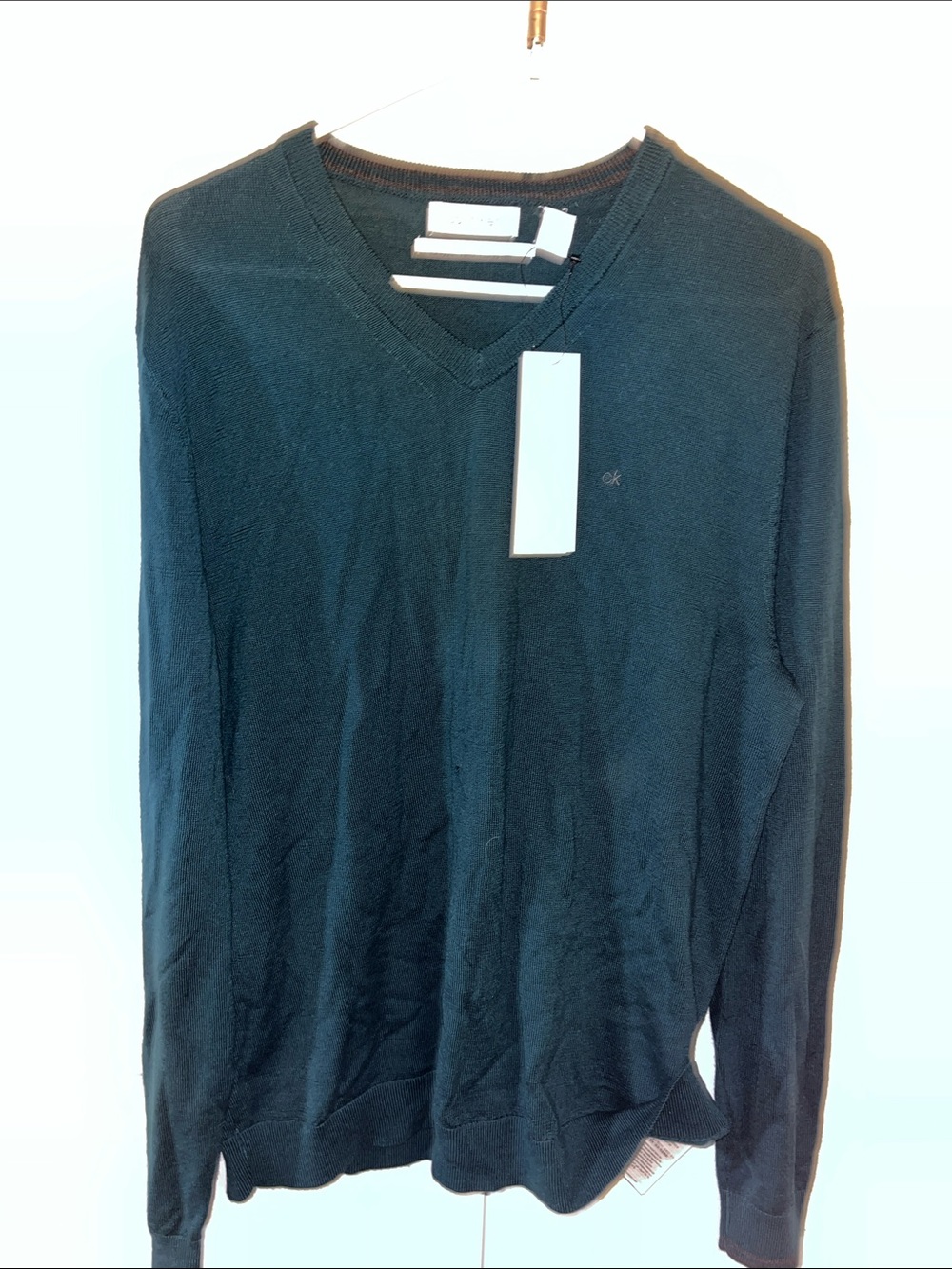 NWT Calvin Klein Dark Green NEW V Neck Maerino wool sweater L Mens (with hole)